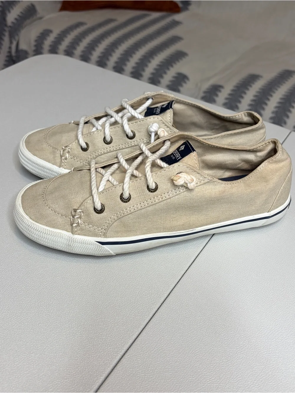 Sperry Beige Canvas Boat Shoes with White Soles 8